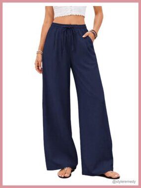 Womens Linen Wide Leg Palazzo Pants Elastic Waist Pleated Trousers